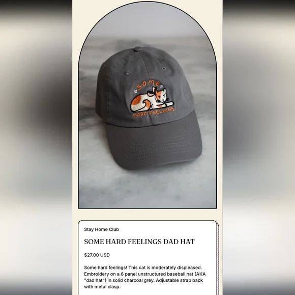 Stay Home Club Dad Hat with Embroidered Cat "Some Hard Feelings" - Picture 4 of 4